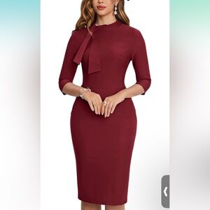 NWT Muxxn Red Bow Neck Pencil Wiggle Dress Vintage Retro Midi L